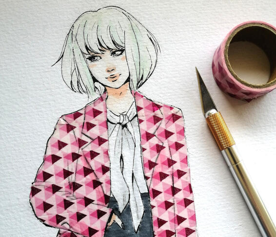 Lio from Promare, drawn with fineliners and coloured lightly with Copic markers. His jacket is made from a washi tape with a pink triangle pattern.