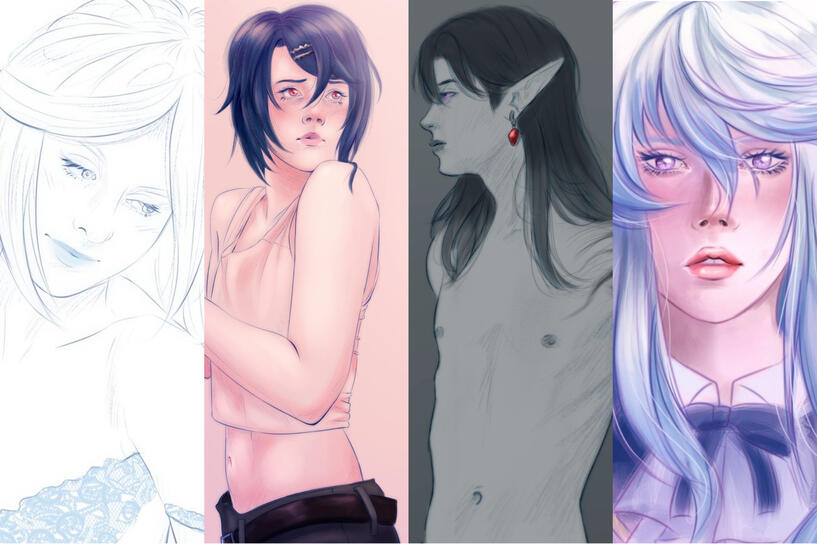 Sketch examples: Grusha, Alcryst, an OC Niko and Mikleo.