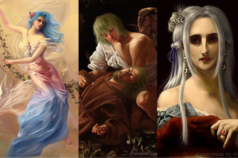 Three masterstudy examples. Marianne as 'The Swing', Seteth and Byleth as 'Saint Francis of Assisi in Ecstasy' and Edelgard as 'Portrait of Countess De Koller'.