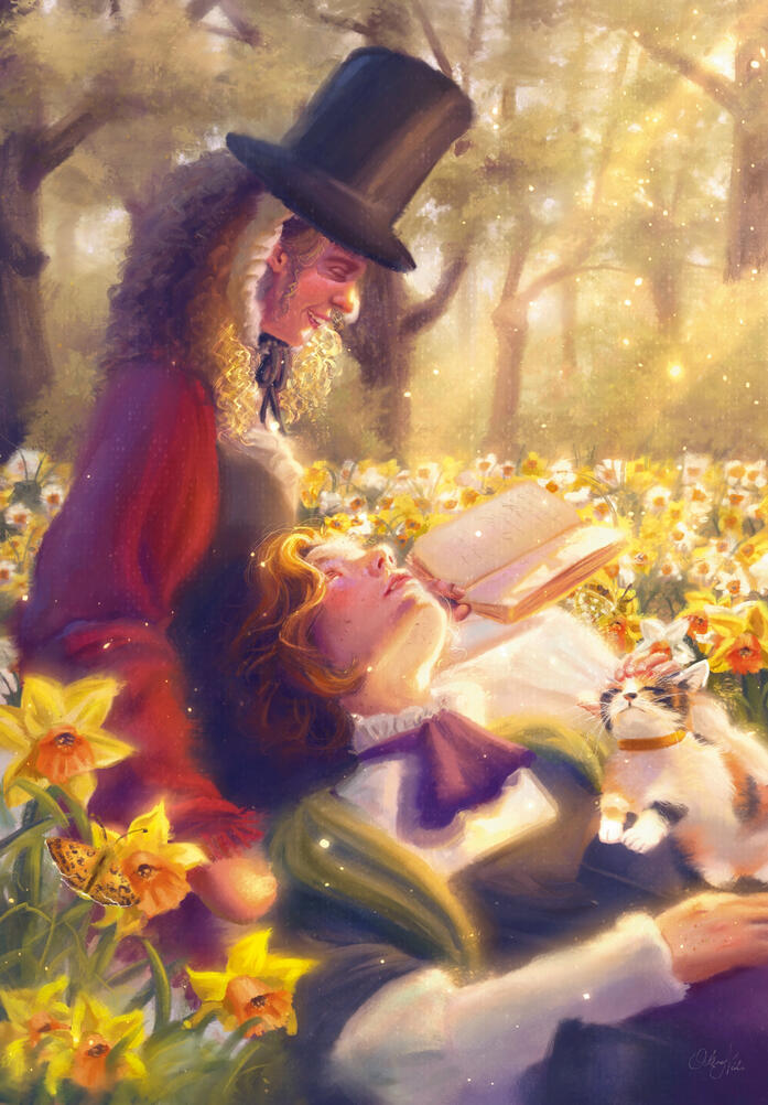 A digital, softly painted piece of two Welsh lesbians dressed in traditional attire relax together in a field of daffodils. One reads a book as she lays a limb difference on her adoring partner looking up at her, laid in her lap. The laid down woman stroke