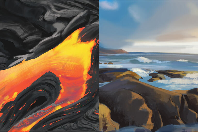 Two examples of speedpainting landscapes. The left is molten rock with a stretch of magma. The right features a sunrise sky and rocks in the ocean.