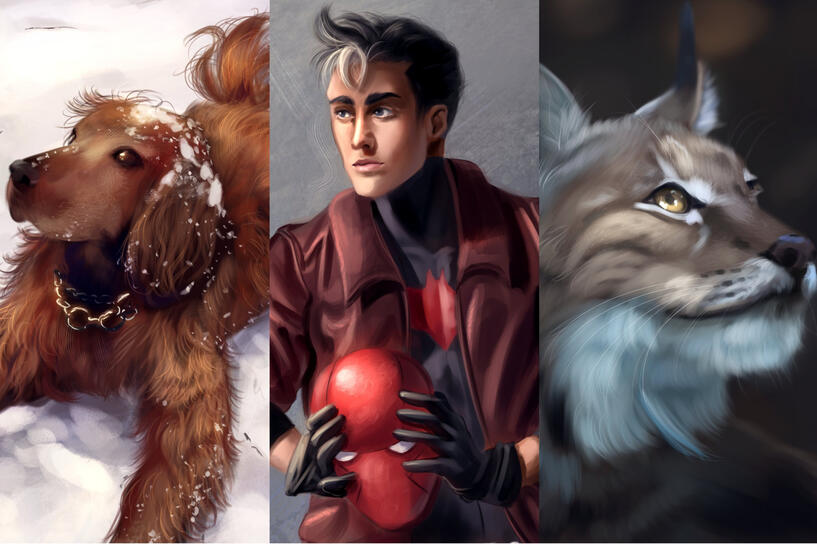 Three speedpaint figure examples; a dog, Jason Todd and a lynx.
