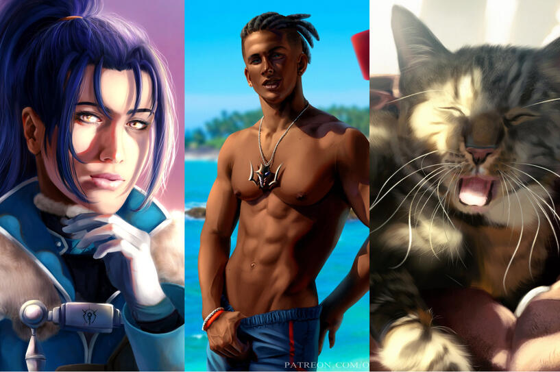 Three painting commission examples. The left is of Felix from Fire Emblem Warriors Three Hopes with his hand beneath his chin, Raihan from Pokemon shirtless at the beach and a silver tabby cat with bright sunlight on its head and body.