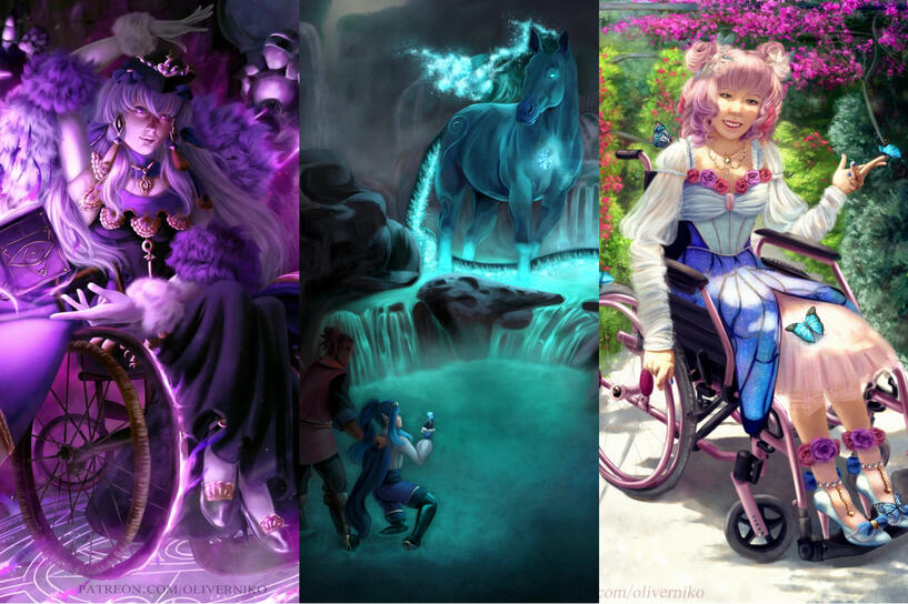 Three full illustration examples. The left is Gremory Lysithea casting magic from a tome in a wheelchair, the middle is of a fantasy horse greeted by two figures in a turquoise pool of water, and the right is a Japanese woman wearing lolita fashion.
