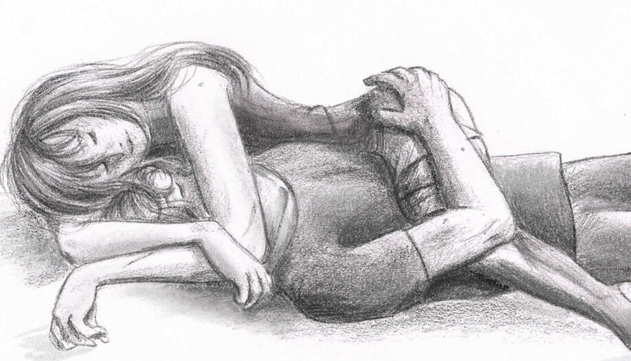 A shaded pencil drawing of Sylvain and Felix, with Felix wrapping his arms around Sylvain's head and his leg resting over the other.