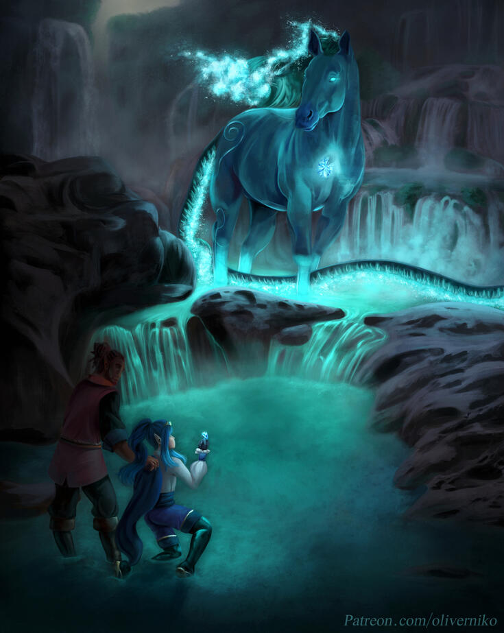 A fantasy horse with a wave and tail made of waves, looking at figures in a pool of glowing water.