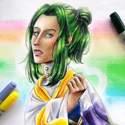 A Copic drawing of Linhardt from Fire Emblem Warriors: Three Hopes, with a non-binary flag around their shoulders.