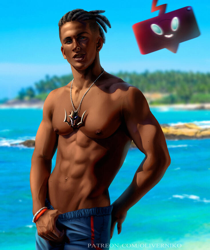 Raihan from Pokemon, shirtless at the beach. He looks to a Rotom phone taking a photo.