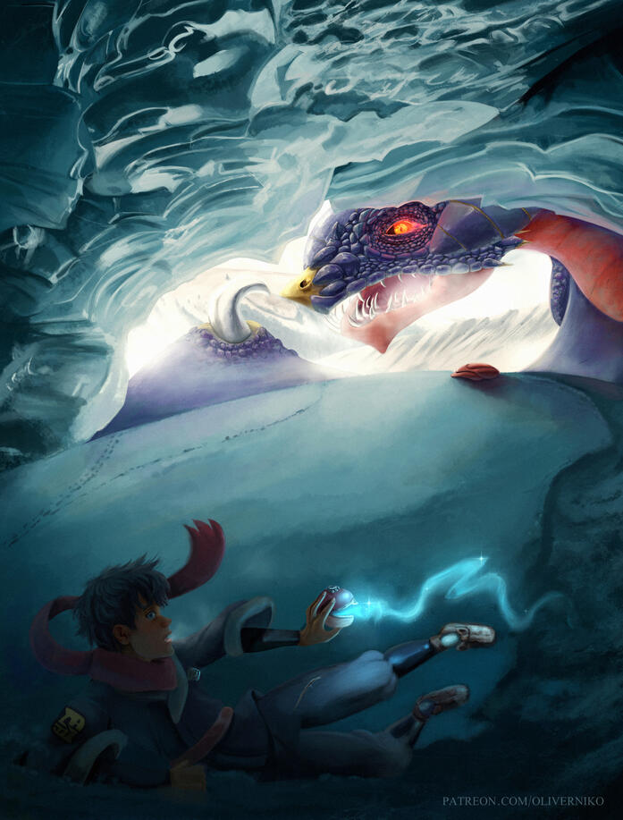 Alpha Garchomp peers into an icy cavern, with snow on the bottom and ice on the top. It looks at the male trainer's hat on the floor, whilst the trainer is diving out of sight with light emitting from his Pokeball.