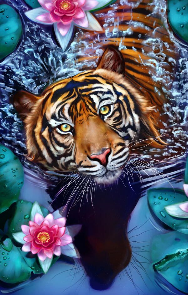 A tiger painting. It looks up at the camera as it swims through some water, casting a shadow from its head beneath it. Lily pads and flowers drift alongside it.