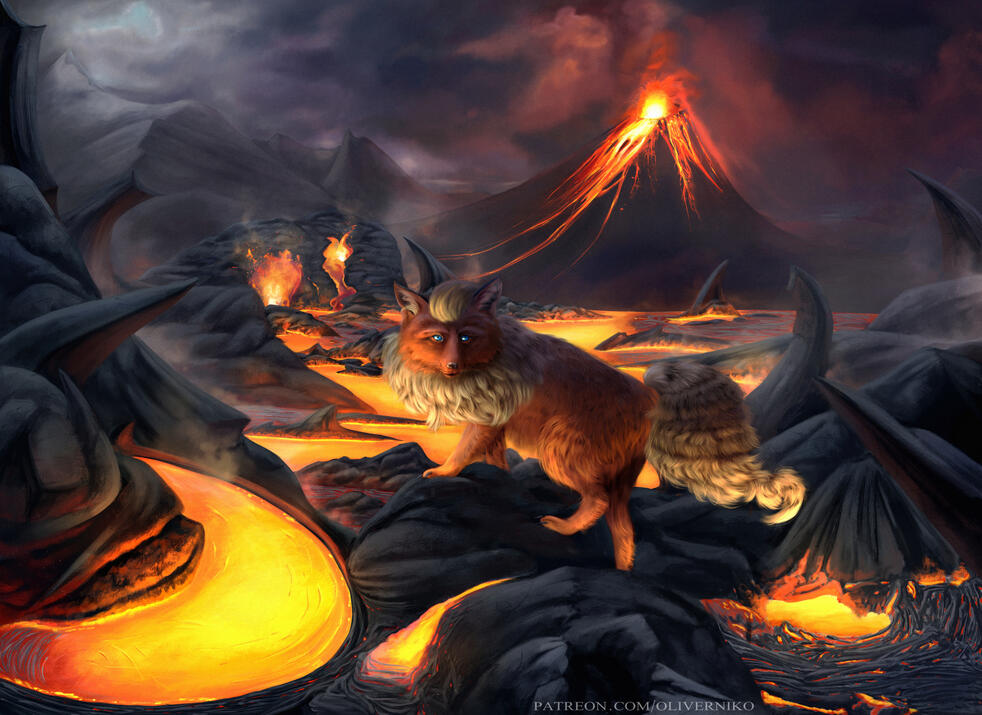 Flareon climbing up volcanic rocks, with a lava lake behind it and an erupting volcano, as well as a cloudy sky.