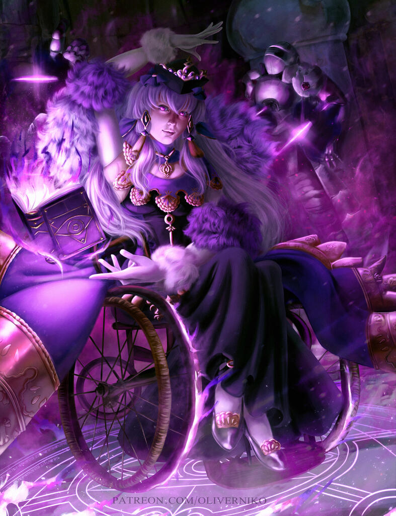 Lysithea from Fire Emblem Three Houses, depicted in her Gremory outfit from Heroes. She casts magic from a tome in a medieval wheelchair.