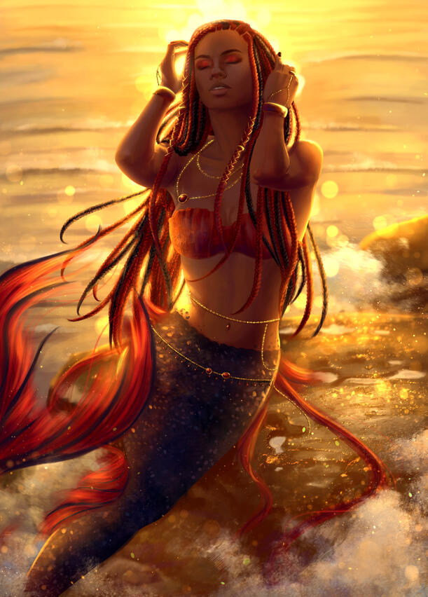 An OC, Omorfia, depicted as a mermaid. She closes her eyes and rests her hands on either side of her head. She has black and red braids, a matching tail and sits on a rock hit by sunshine.