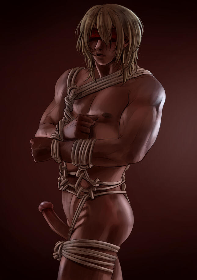 Dimitri from Fire Emblem: Three Houses. He is coloured in dark lighting, tied up rope bondage with a red blindfold.