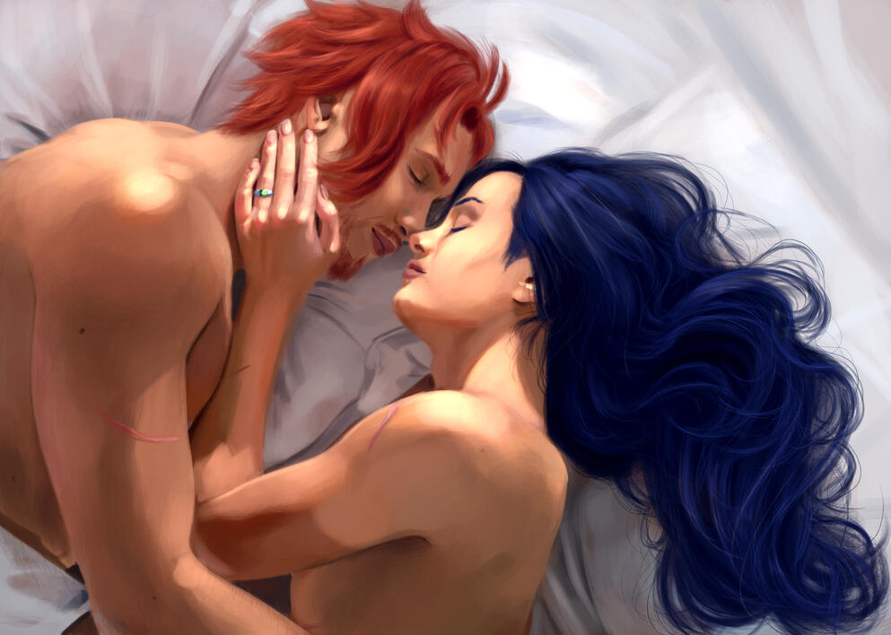 Sylvain and Felix from Fire Emblem: Three Houses. They lay shirtless together on a bed, with Felix's hand resting against Sylvain's face and his hair loose against the covers. Both their eyes are closed.