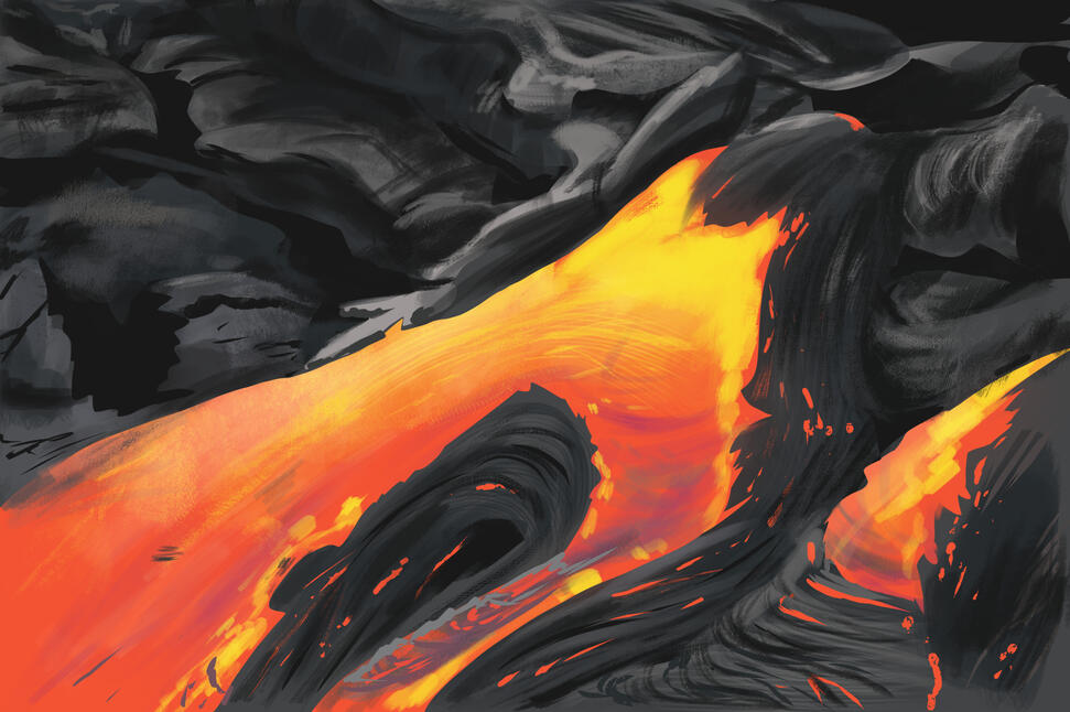 Volcanic rock with magma trailing up it, a neon contrast against dark rock.