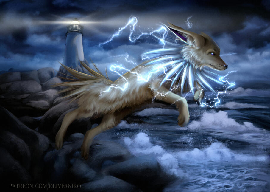 Jolteon from Pokemon painted as a realistic fox. It leaps from some rocks at a stormy ocean, lightning around its neck fur. A lighthouse can be seen in the background.