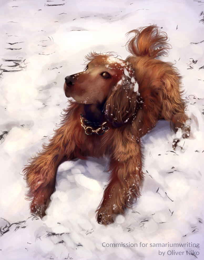 A speedpaint of a brown dog with fluffy fur and floppy ears, laid in the snow.