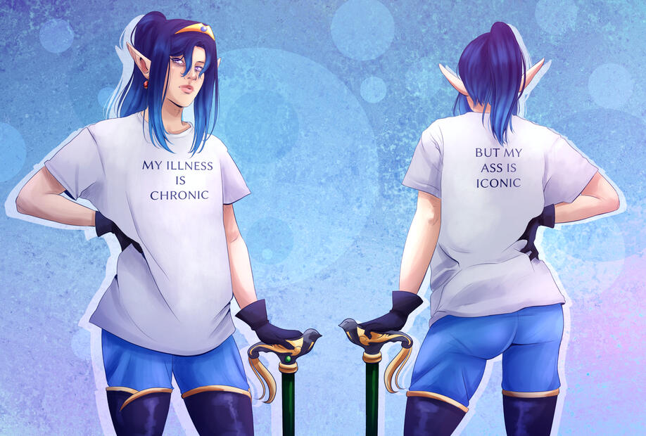 An OC Niko, drawn from in front and behind. He has navy hair with brighter blue ends and holds onto a cane. The front of the shirt says 'my illness is chronic' and the back says 'but my ass is iconic'.