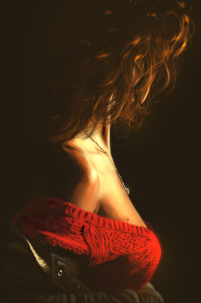 A woman turning away from the camera. She blends into a dark background with her skin brightly lit. She has wavy brown hair and wears a red jumper and a khaki jacket.